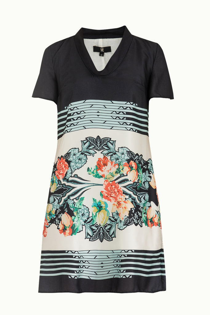 Kadın Desenli Degaje Yaka Elbise Siyah 91541