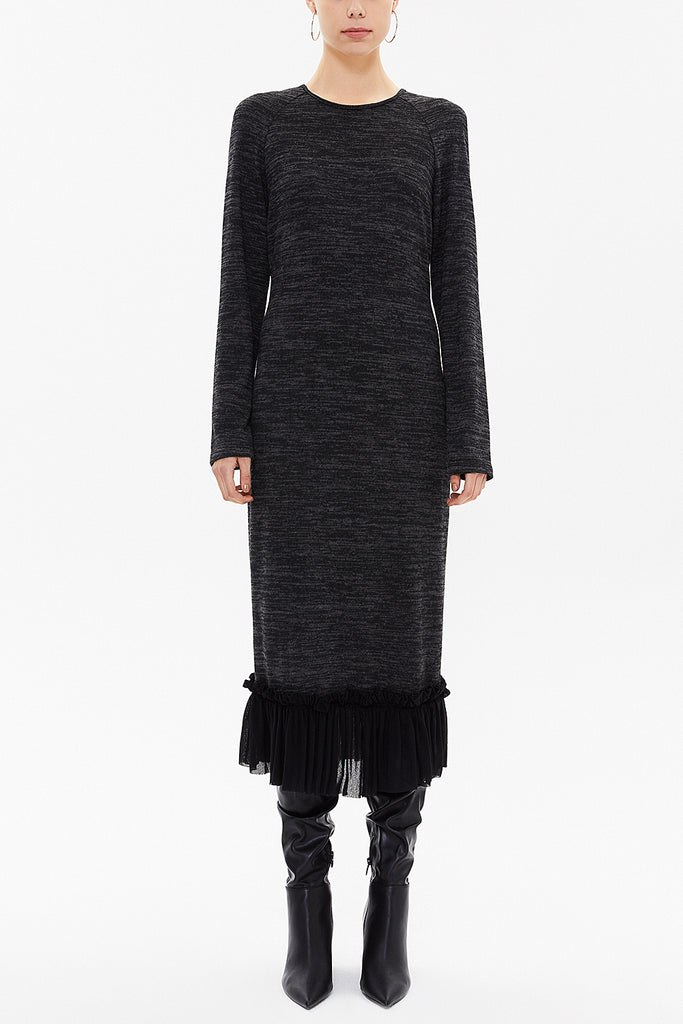 Black Frilled skirt knit midi dress 92159