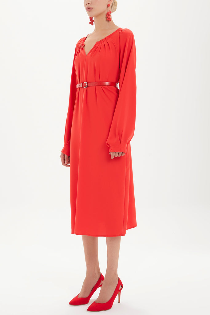 Büzgülü Ve Kemerli Bol Kesim Midi Elbise 92488