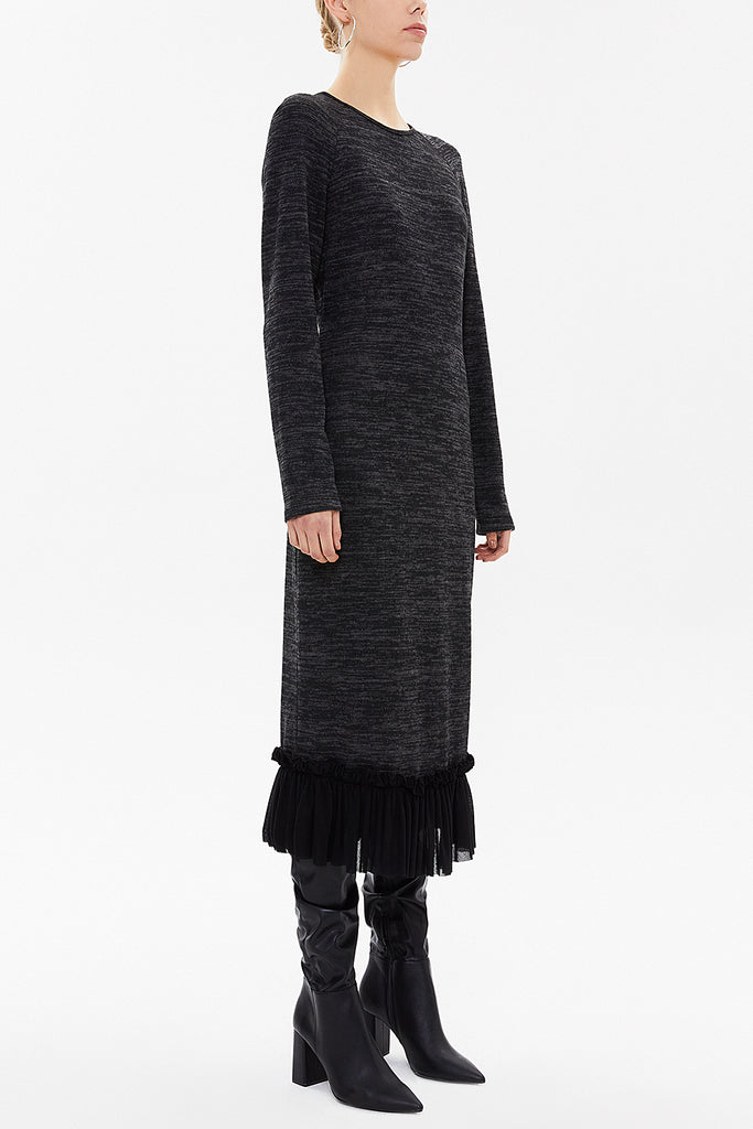 Black Frilled skirt knit midi dress 92159