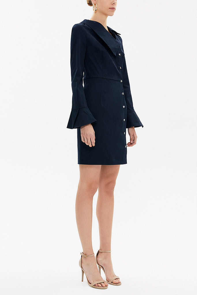 Navy Blue Asymmetric neck slim fit dress 92147