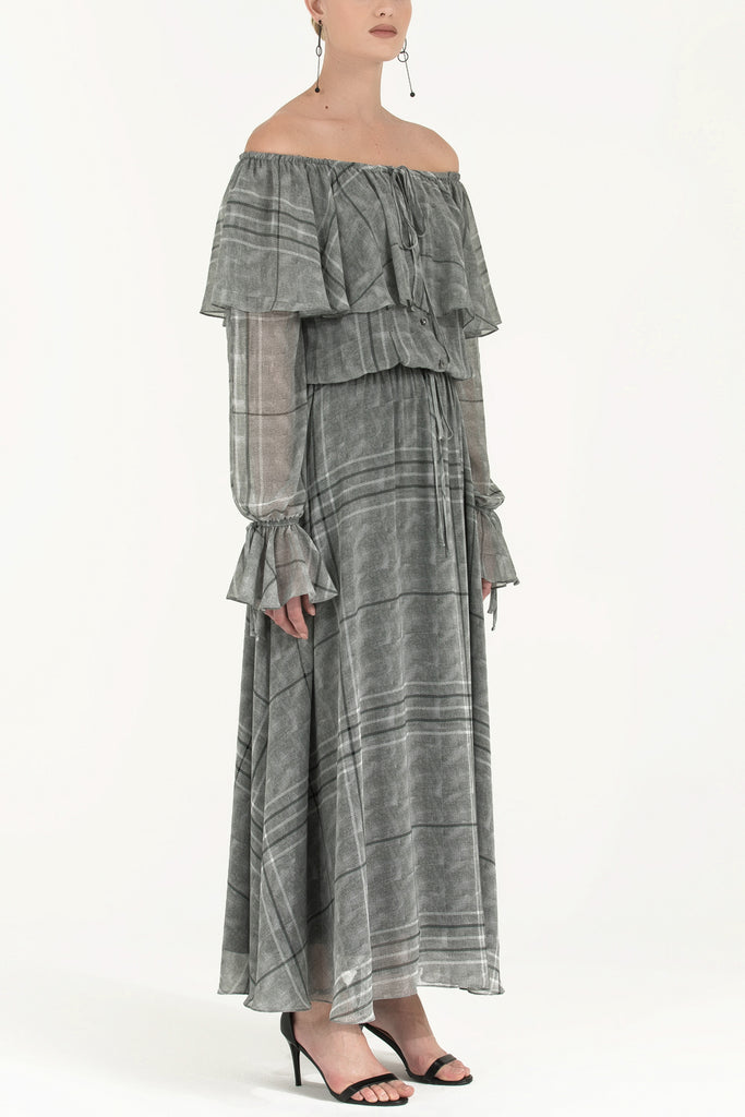 Valonlu Düşük Omuz Şifon Elbise Füme 92303