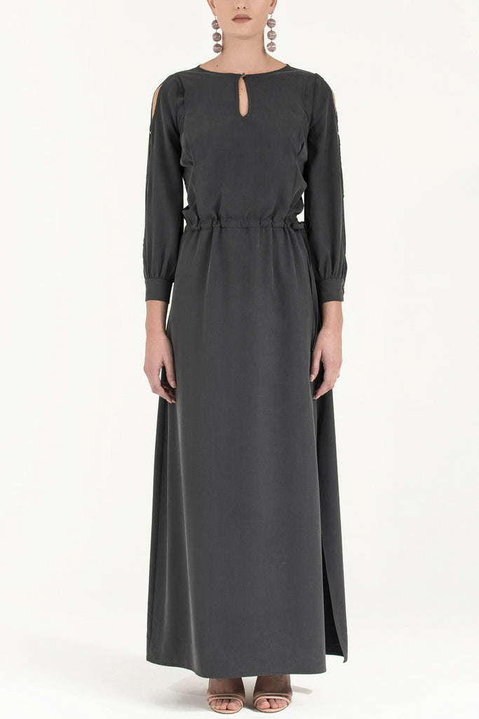 Kolları Pencereli Uzun Elbise Füme