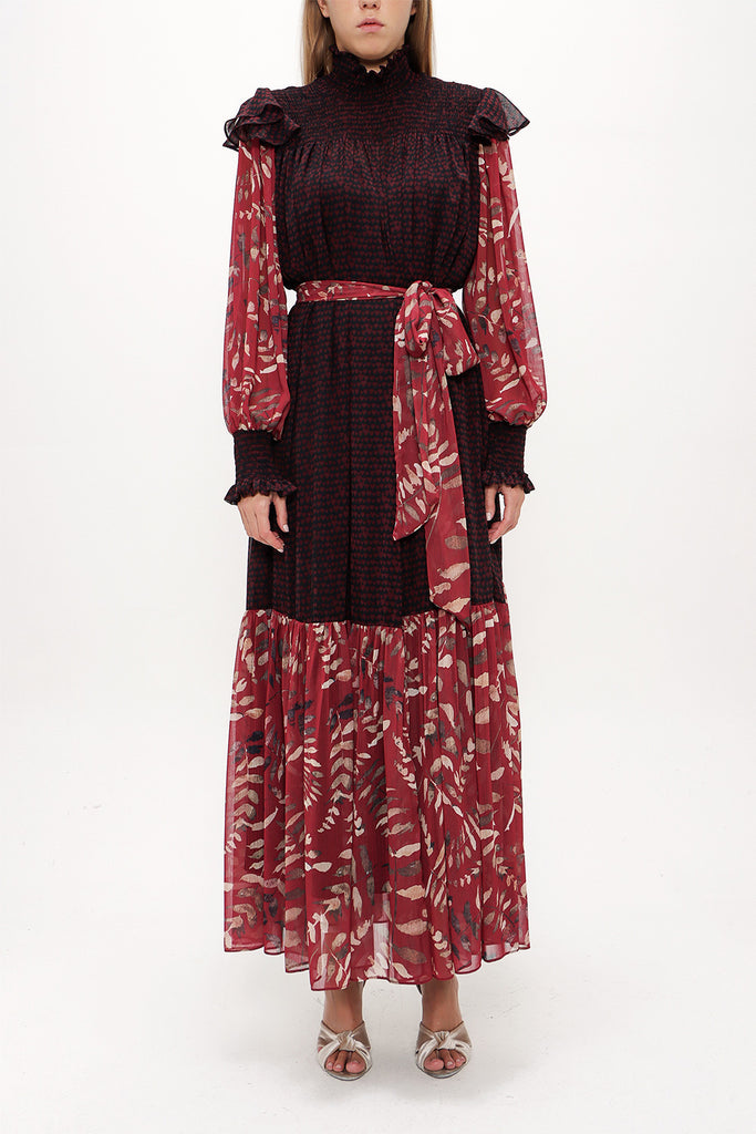 Red Elastic yarn wide cut Pleated dress 93738