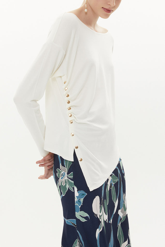 White Asymmetric snap fastener detail blouse 19818