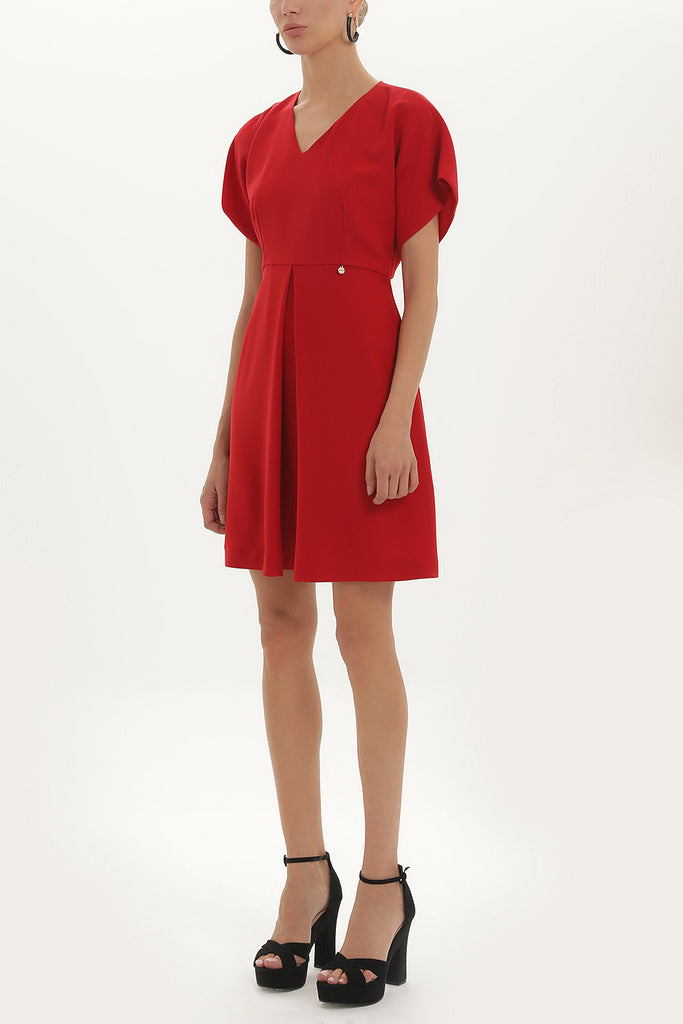 Red V-neck Pleated skirt mini dress 91417