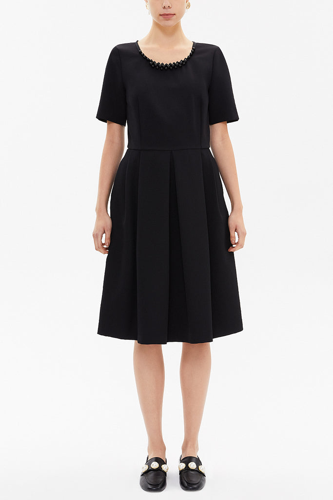 Black Pearl neck detail  Pleated  midi dress  92207