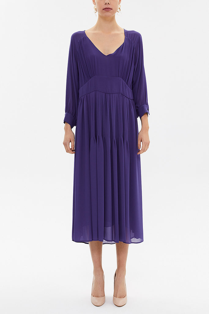 Blue V-neck Pleated wide cut midi dress 92479