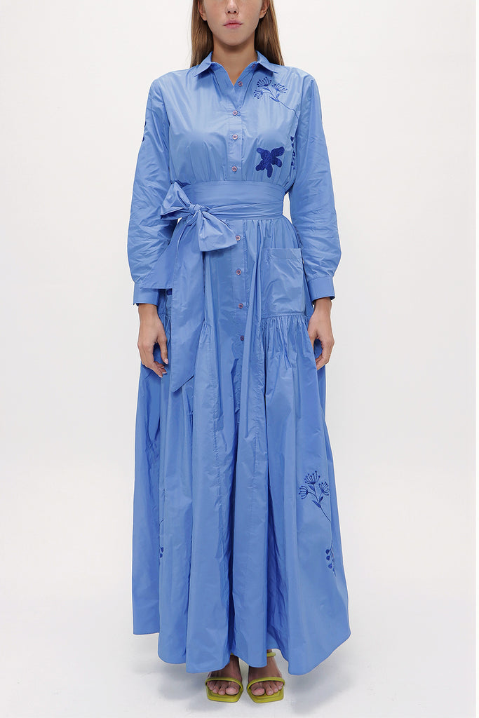 Blue Embroidered, lace-up Pleated maxi dress 92917