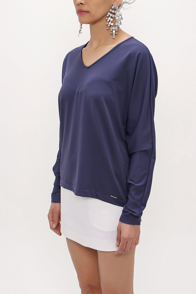 Navy Blue V-neck  wide cut blouse  19784