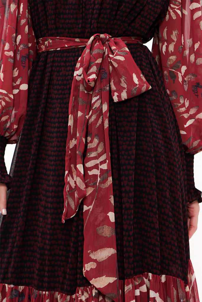 Red Elastic yarn wide cut Pleated dress 93738