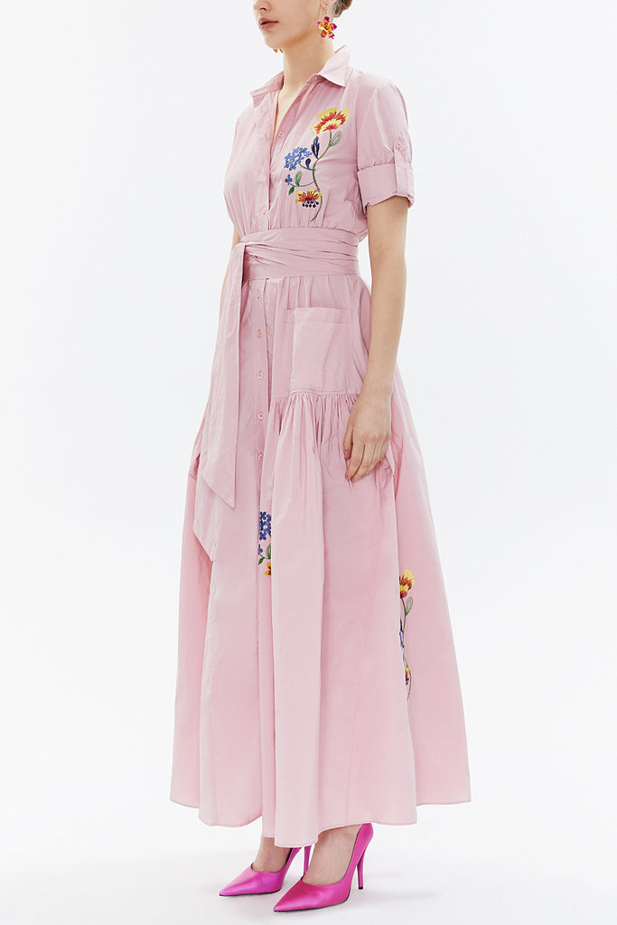 Pink Embroidered, lace-up Pleated maxi dress 92917