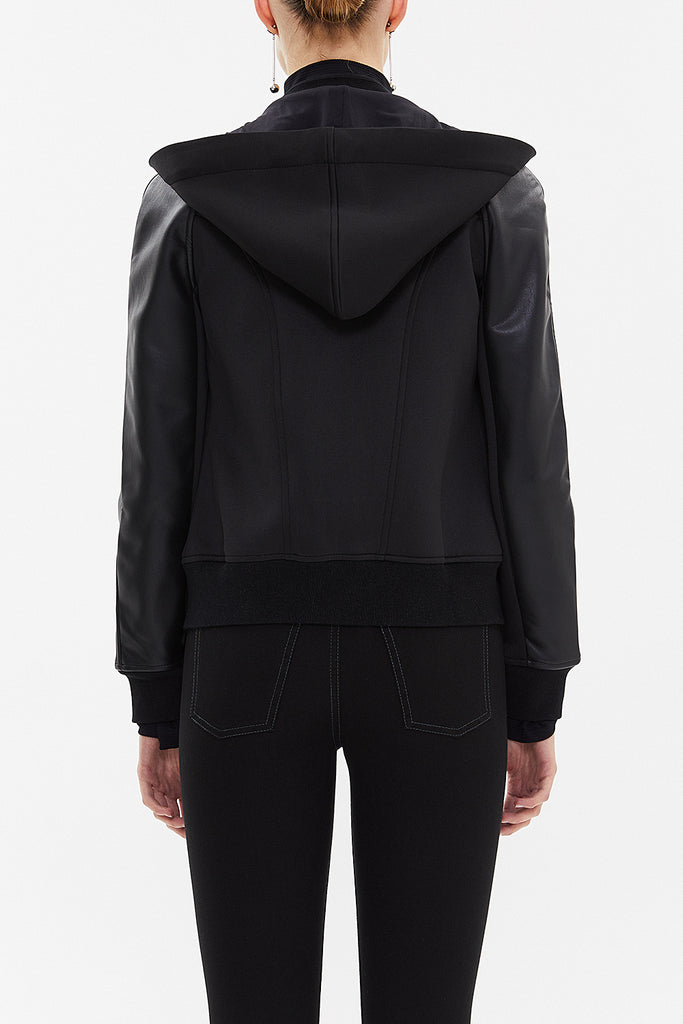 Black Leather mixed jacket with zip detail 60957