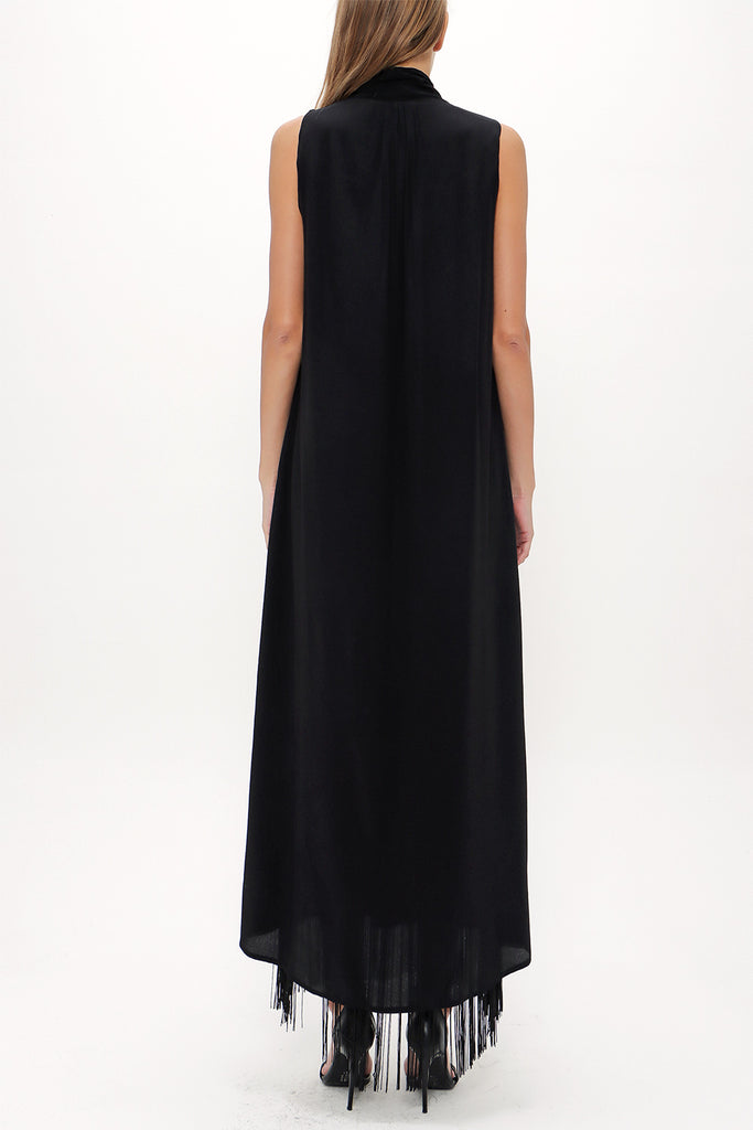 Black Sleeveless slit maxi dress with tassels 92698