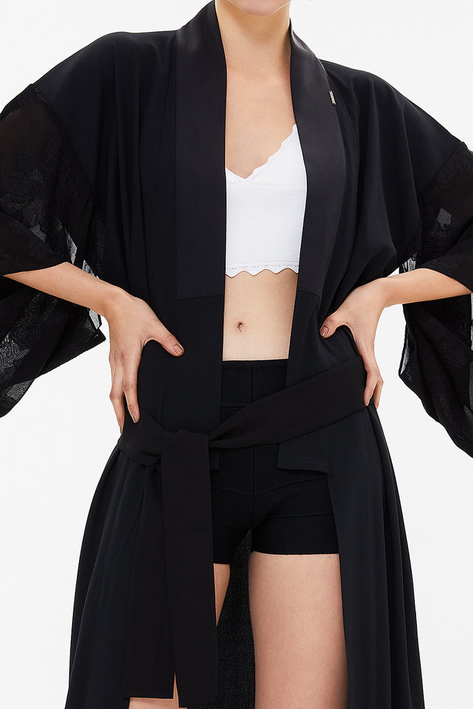 Black Long kimono belted dress 92737