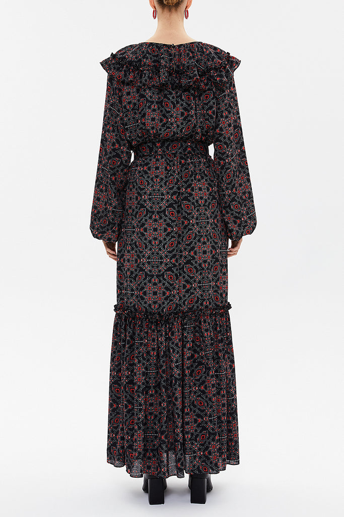 Mealy Black Ruffled neck maxi Pleated dress 93292