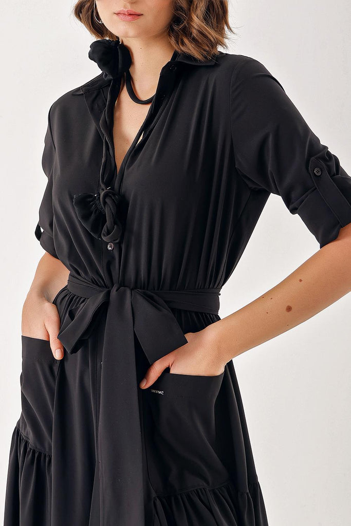 Black Pleated long shirt dress 94388