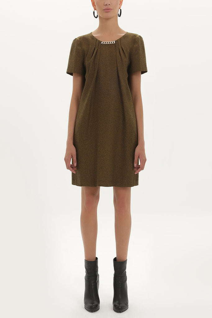 Khaki Chain neck wool  mini dress  91715
