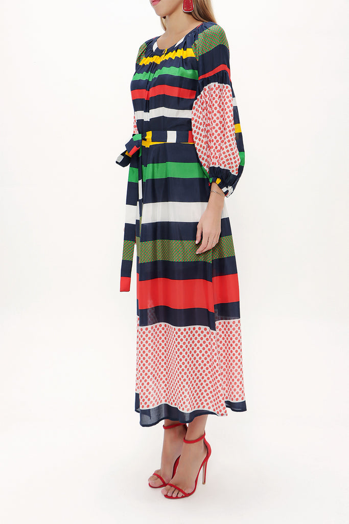 Navy Blue Elastic balloon sleeve maxi dress 92718