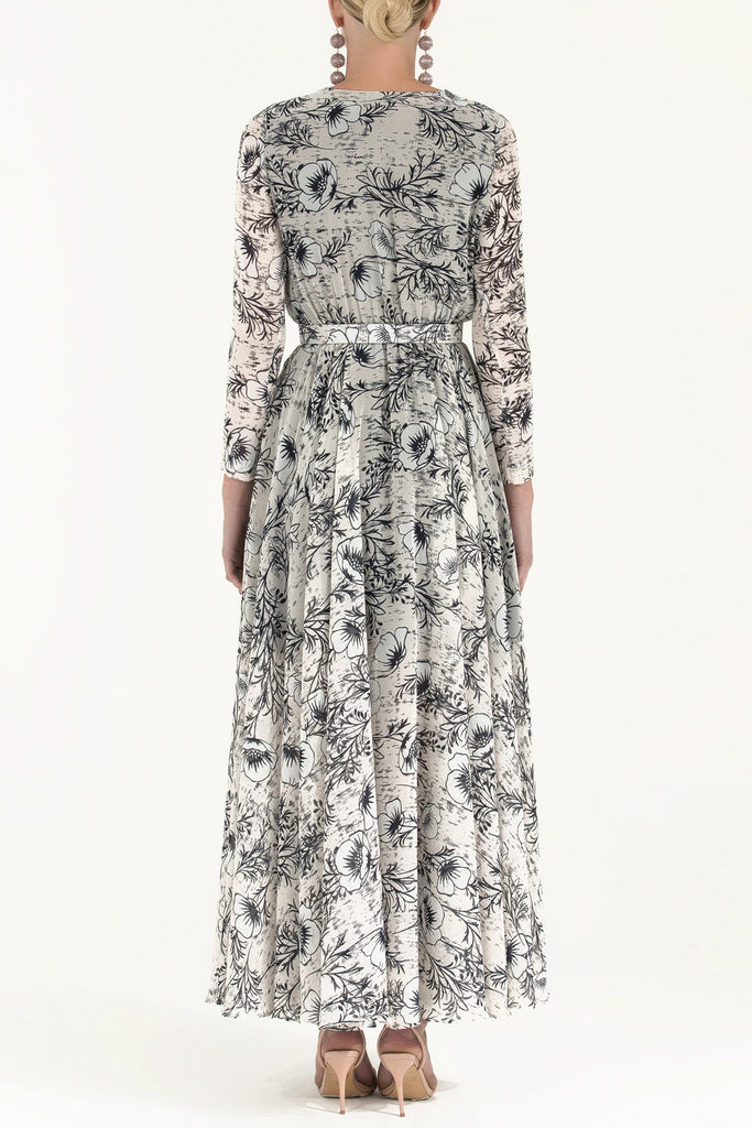 V Yaka Kemerli Şifon Elbise Desenli