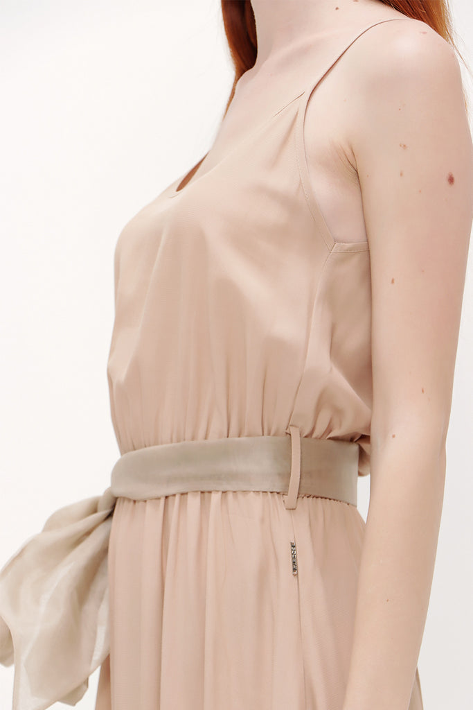 Beige Lace-up spaghetti straps maxi dress 92378