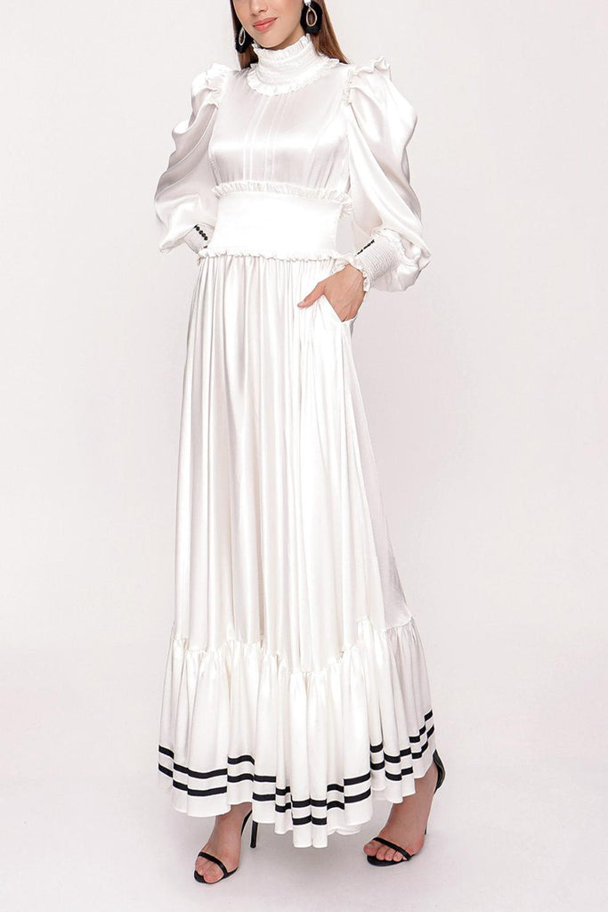 White Long dress with ruffled stripe detail 93999