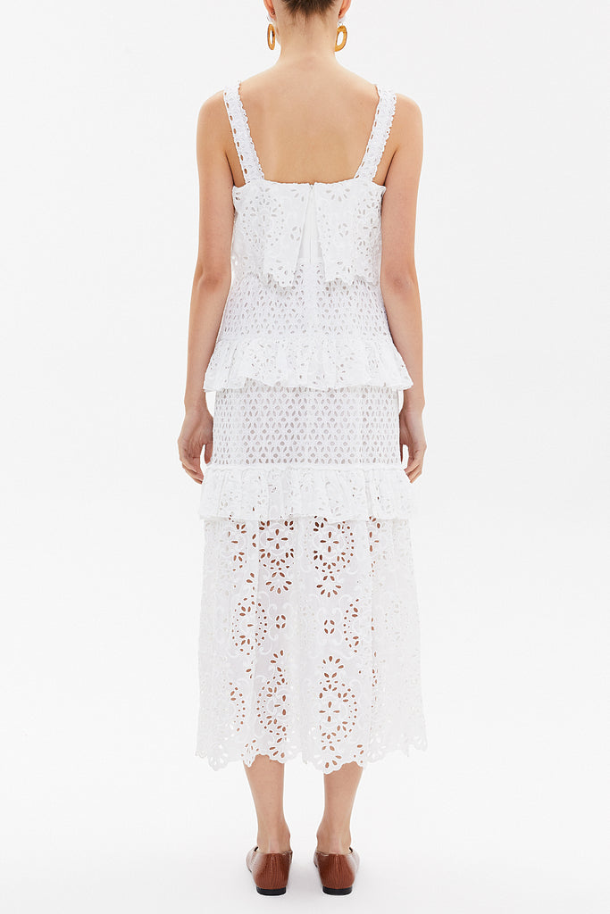 White Brode and ruffled, sleeveless midi dress 92824