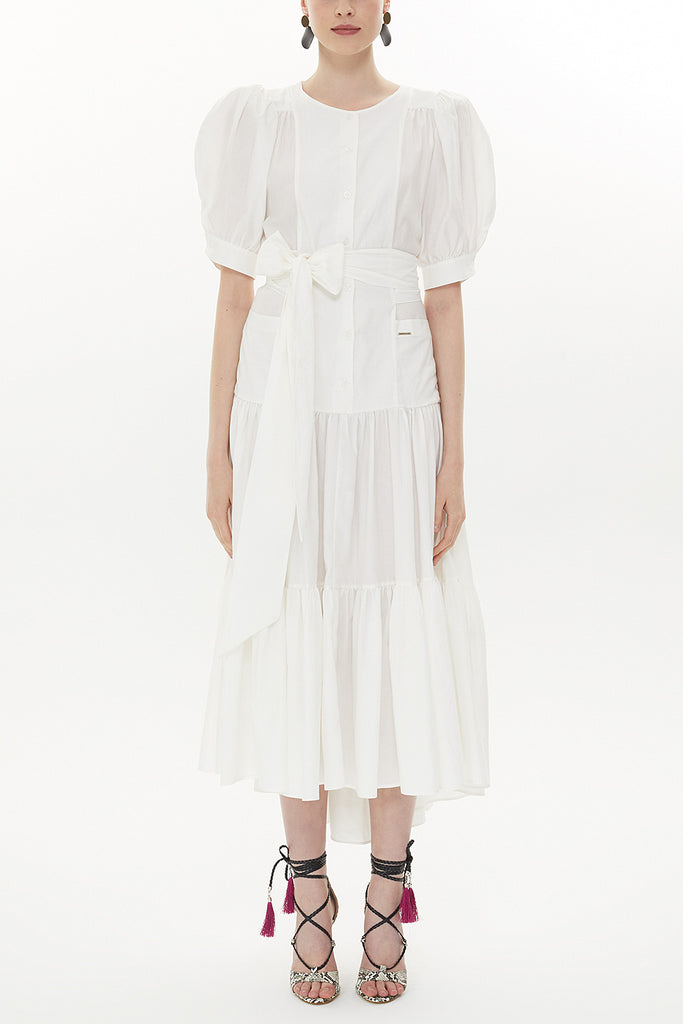 Ecru Puckered balloon sleeve maxi dress 93376