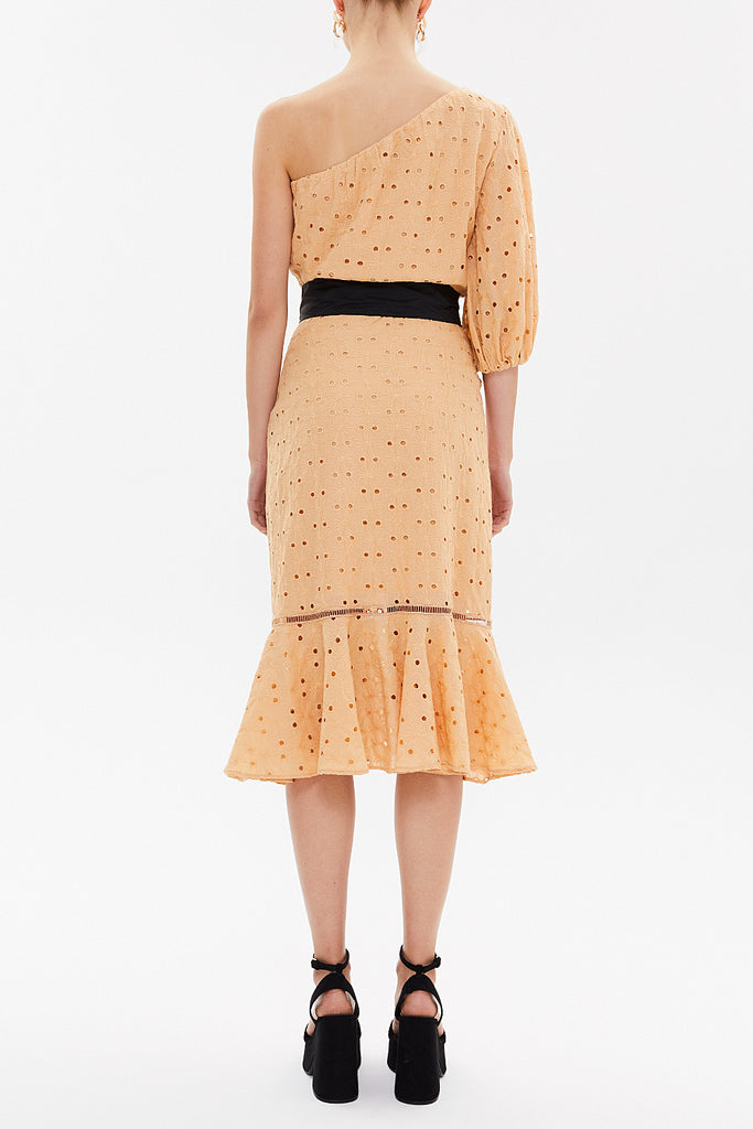 Beige One shoulder balloon sleeve midi dress 93073