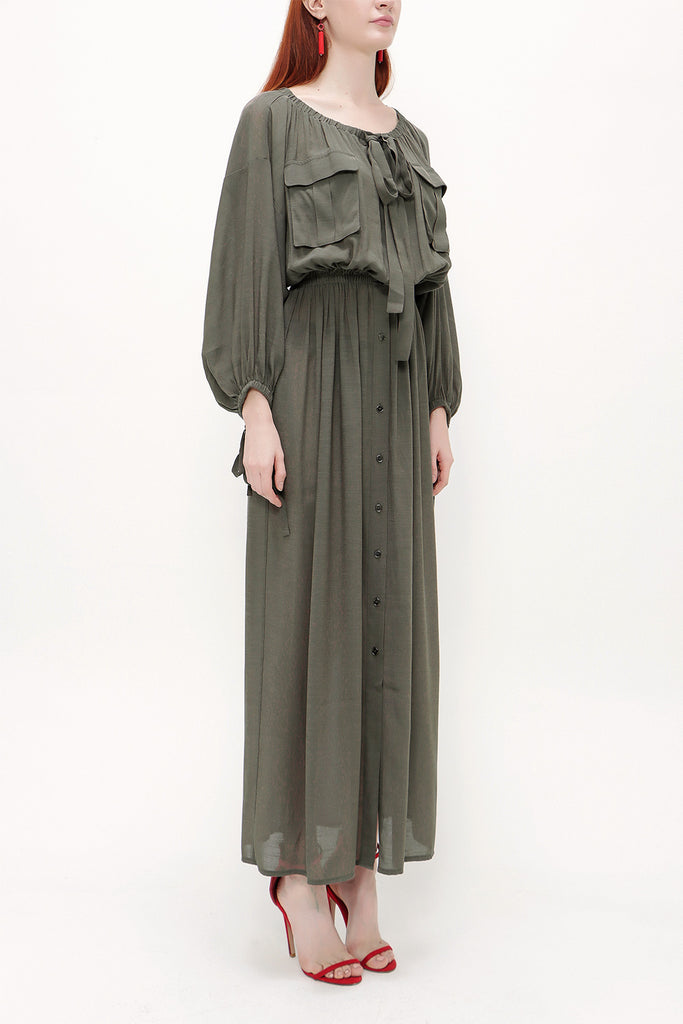 Khaki Pocket  off shoulder  maxi dress  92308