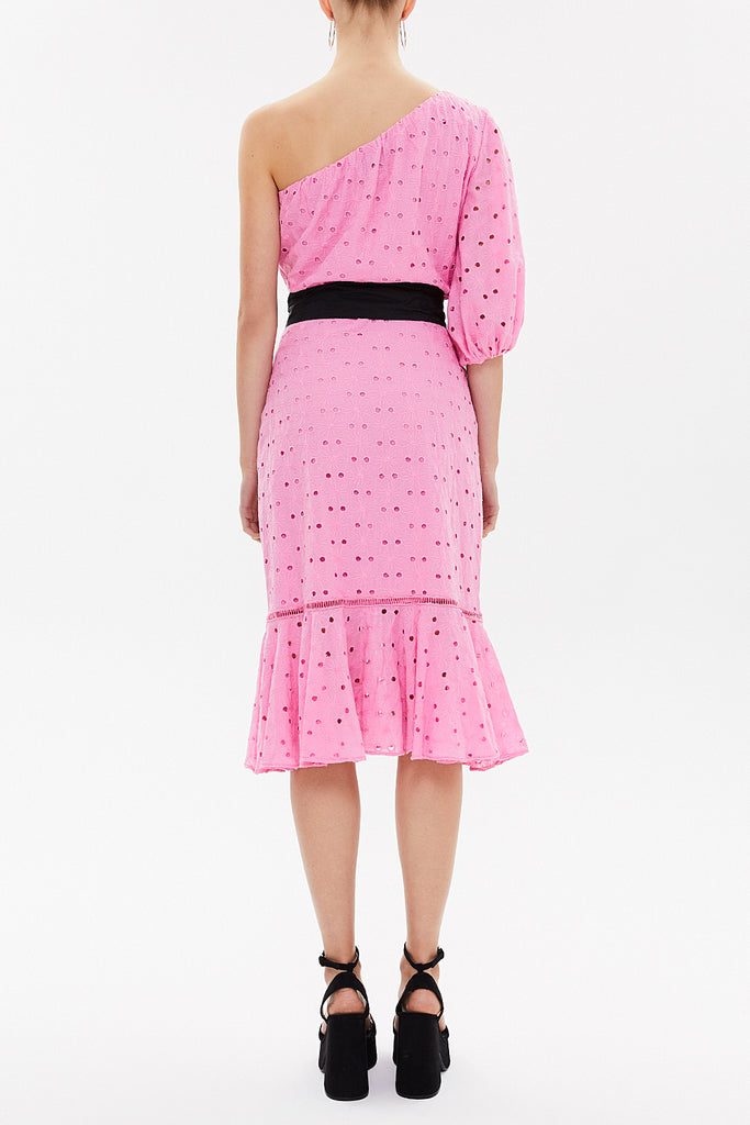 Pink One shoulder balloon sleeve midi dress 93073