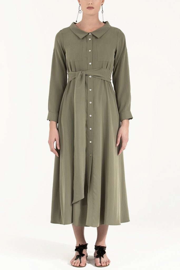 Kemerli Gömlek Elbise Yeşil 92302