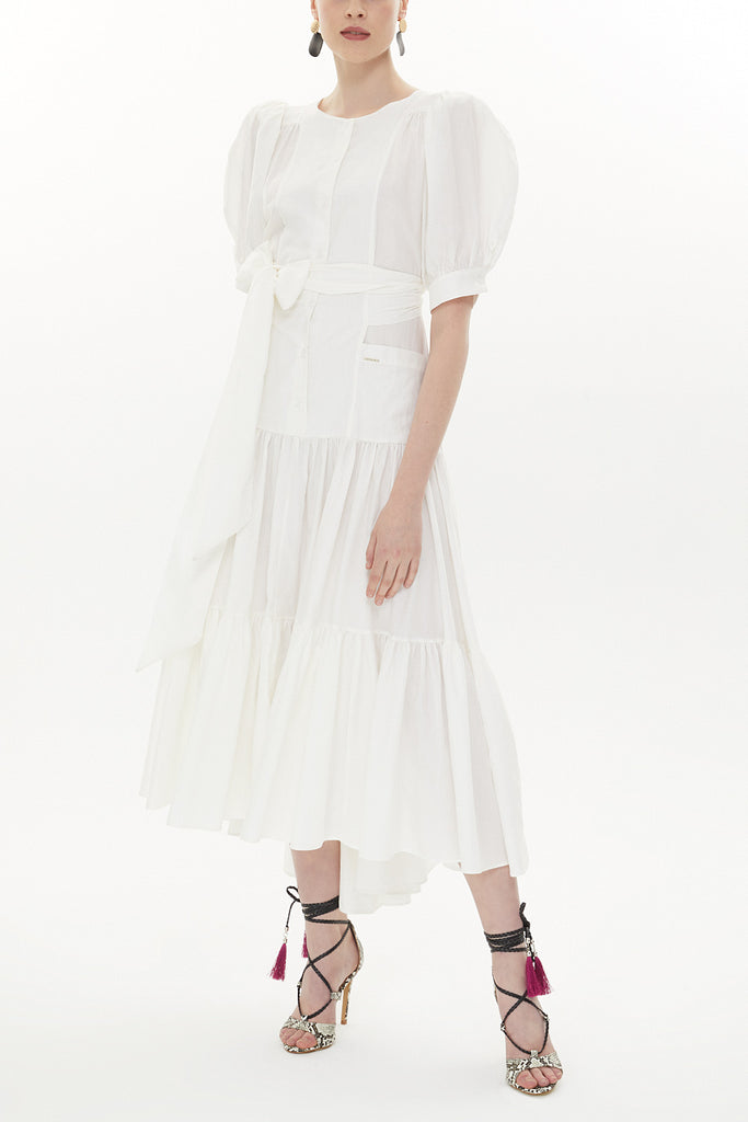 Ecru Puckered balloon sleeve maxi dress 93376