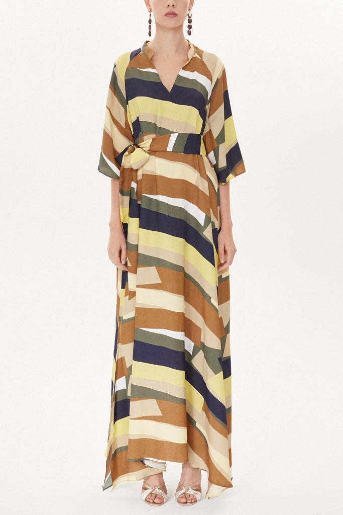 Brown Yellow Striped Wide cut maxi dress 93434