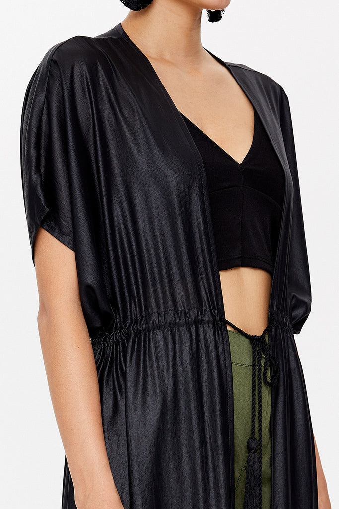 Black Cord detail Pleated long cardigan 92922