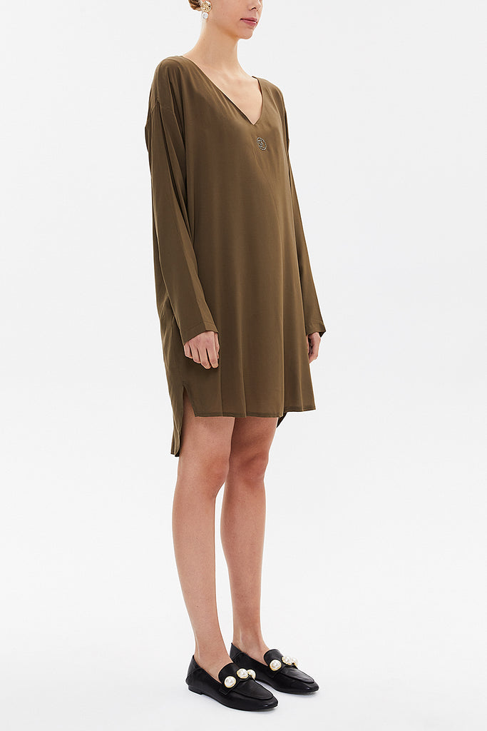 Khaki V-neck wide cut mini dress 92365