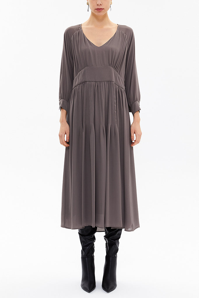 Mink V-neck Pleated wide cut midi dress 92479