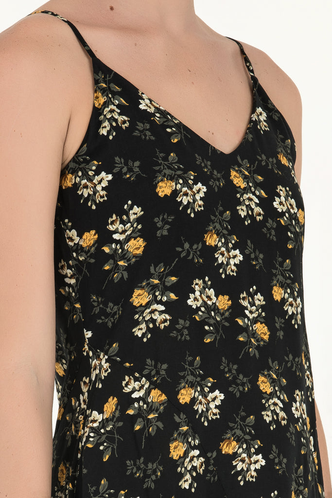 Askılı Desenli Uzun Elbise Sarı