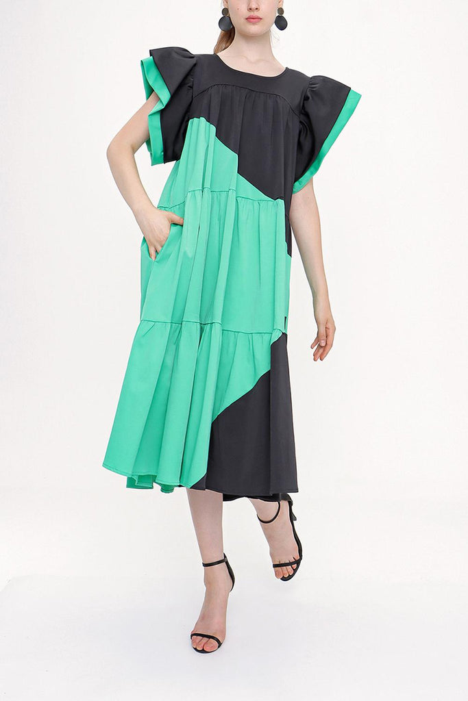 Black Green Kontrast colorful shirred dress 93944