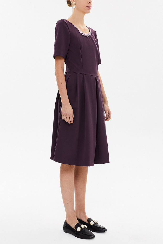 Purple Pearl neck detail  Pleated  midi dress  92207