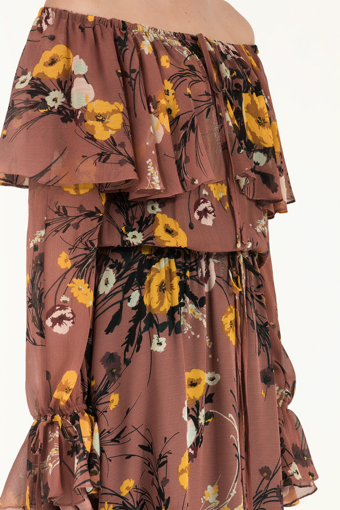 Volanlı Düşük Omuz Şifon Uzun Elbise 92303