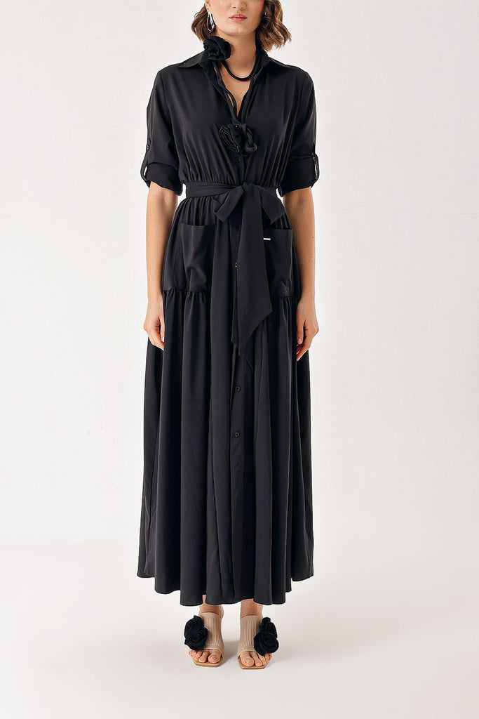 Black Pleated long shirt dress 94388