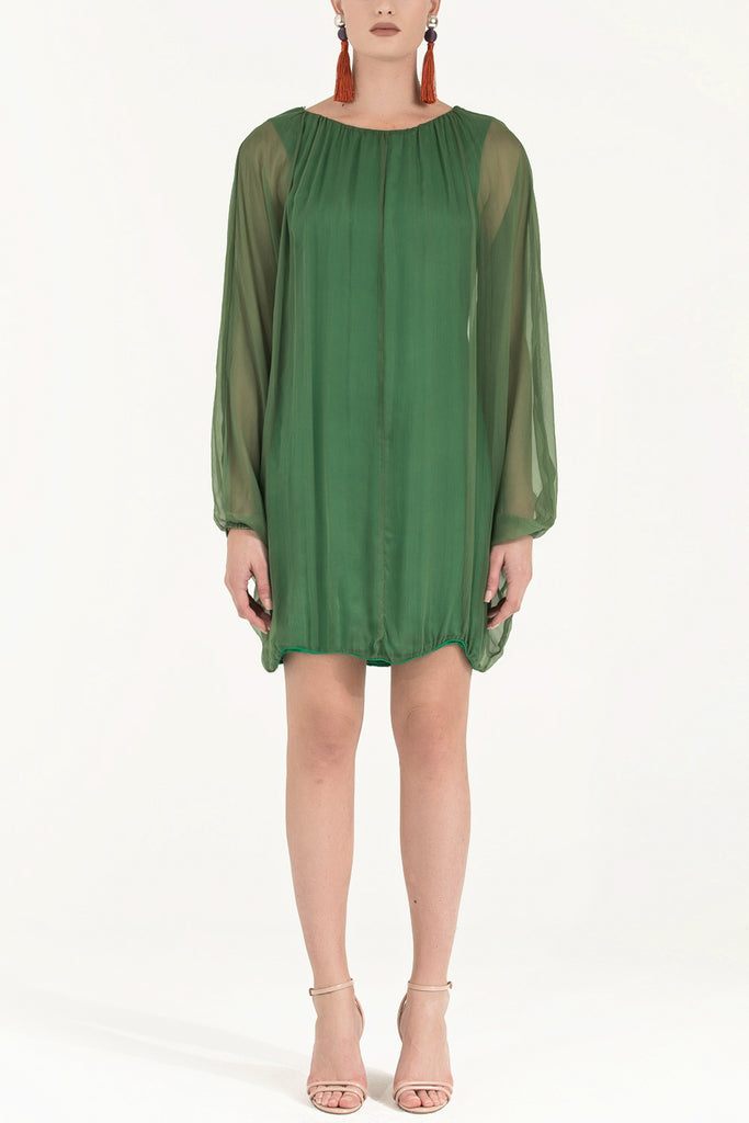 Lastikli Bol Kesim Şifon Elbise Yeşil 92085