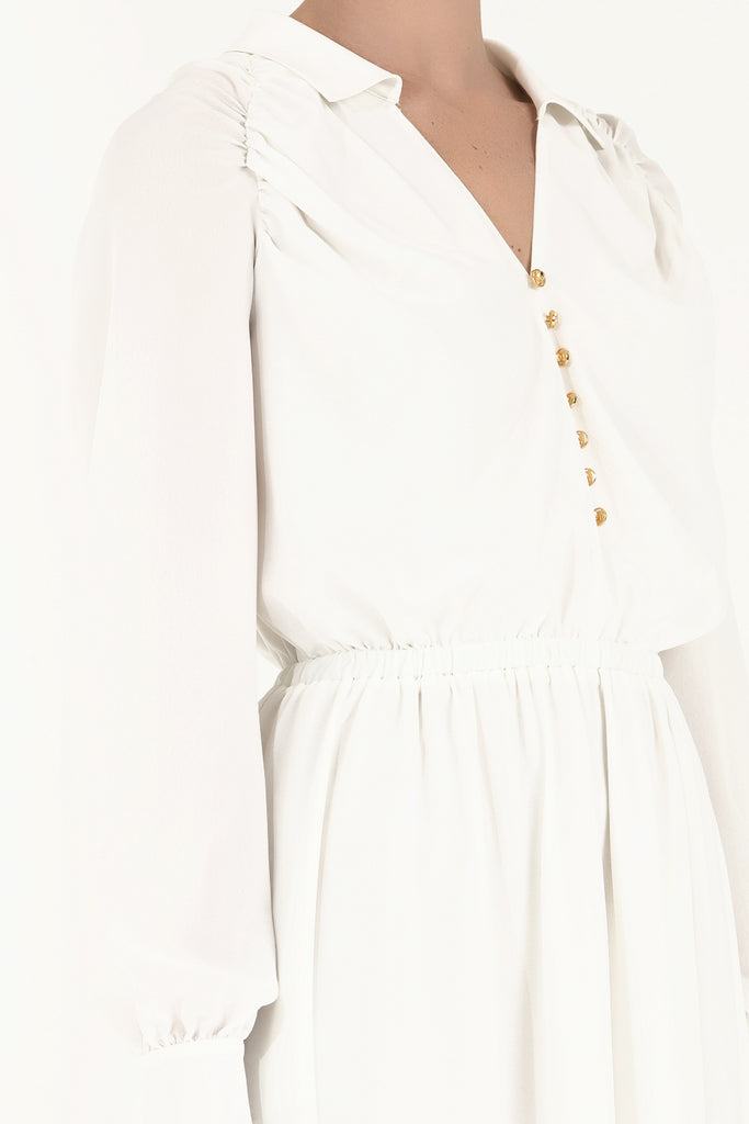 Omuzları Büzgülü Düğmeli Uzun Elbise Beyaz 92251