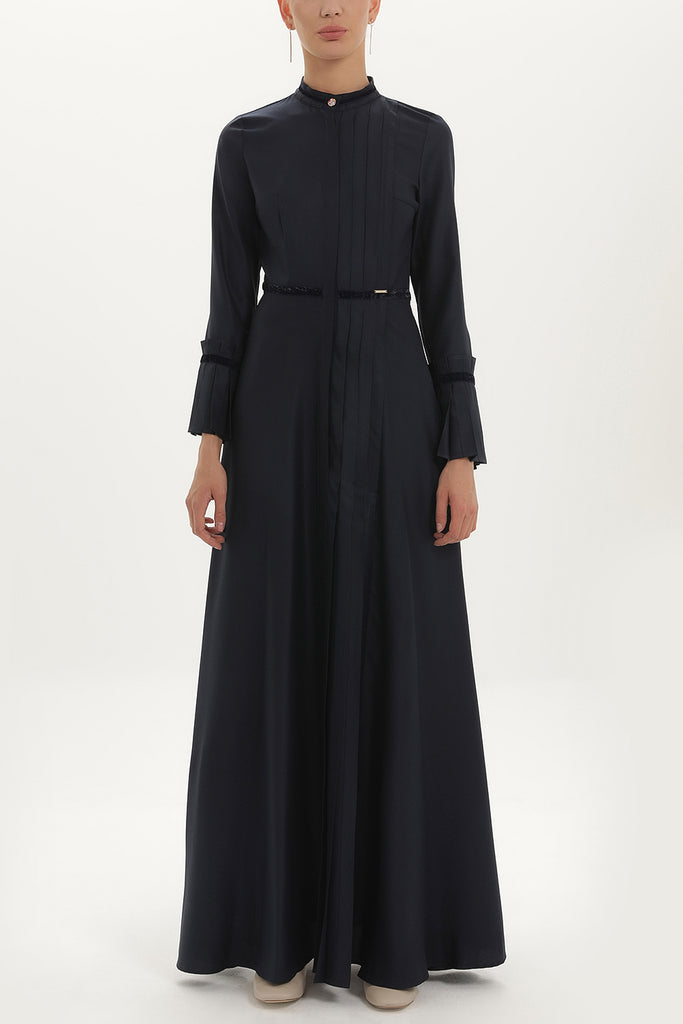 Navy Blue Pleat detail fitted waist maxi dress 92196