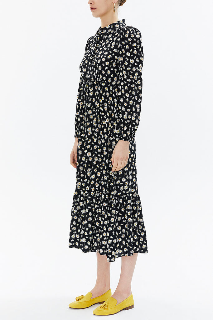 Black Background Floral Printed Pleated belt detail midi dress 93323