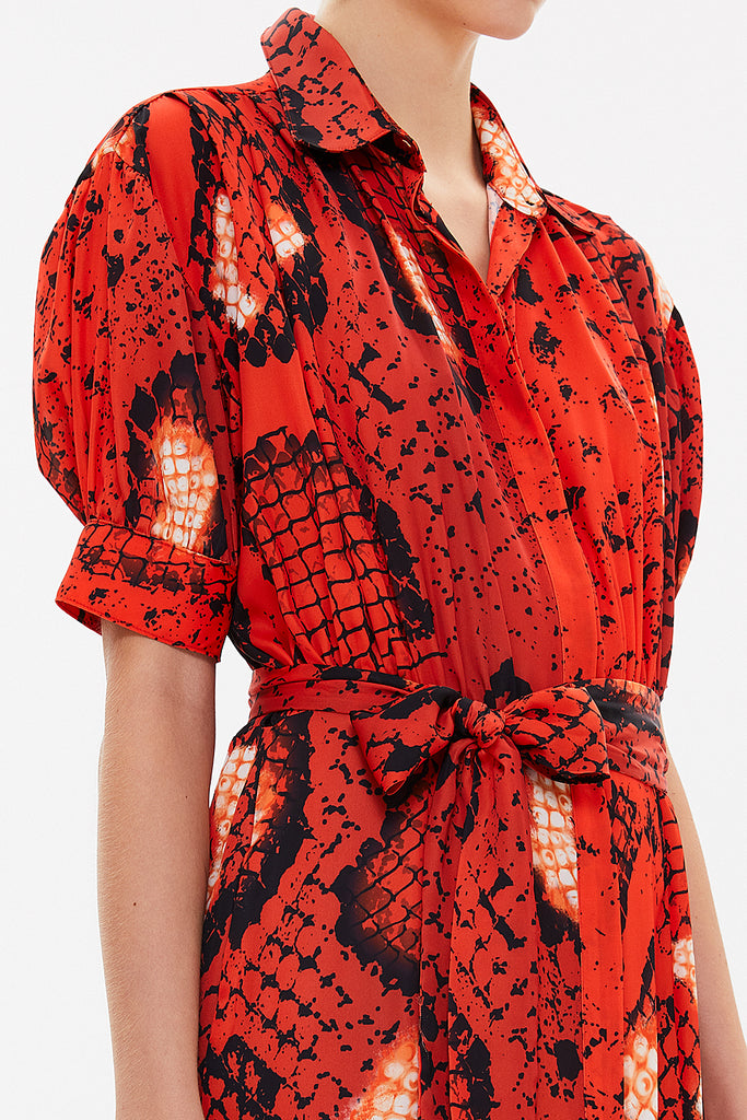 Red Balloon sleeve, gathered midi dress 92724