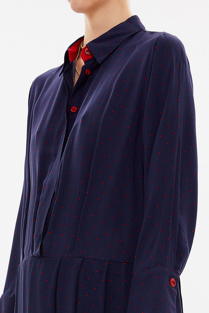 Navy Blue Pleated wide cut midi dress 92801