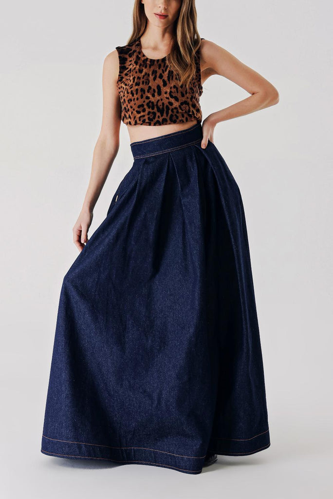 Navy Blue Long ruffled denim skirt 81288