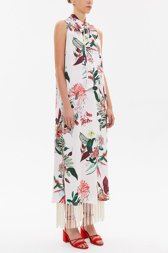 Patterned Sleeveless slit maxi dress with tassels 92698